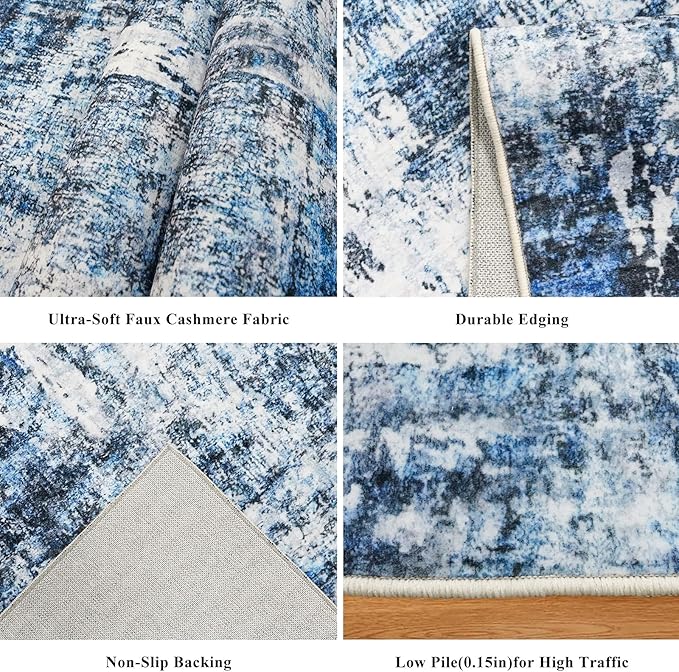 3x4 Washable Entryway Area Rug - Non-Slip Modern Small Indoor Mat for Bathroom,Living Room,Bedroom - Abstract Neutral Soft Low-Pile Throw Carpet with Rubber Backing（Blue）