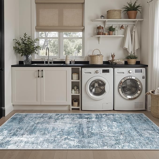 Soalmost Runner Rug 2x5 Washable Non-Slip Kitchen Runner Rugs for Bathroom Laundry Room Blue/Grey Vintage Floor Carpet Runners for Hallway Entryway
