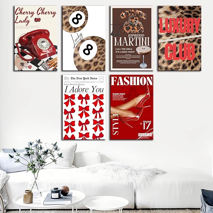 ZxXzkwpP Pink Cheetah Print Room Decor Poster, Trendy Red Fashion Leopard Print Wall Art Aesthetic Lucky 8 Ball Poster Coquette Preppy Y2k Funky Art For Bedroom (Red 12x18x6 Framed)