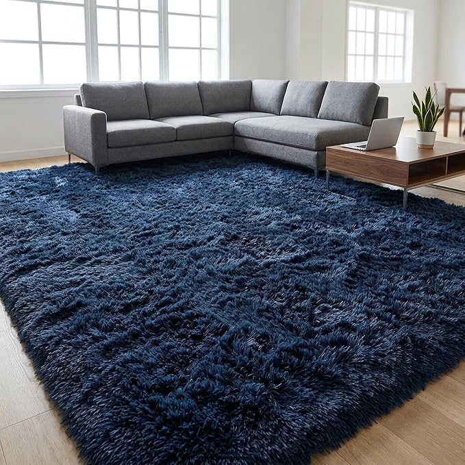 Area Rugs for Living Room, 5x8 Soft Fluffy Shaggy Rug, Machine Washable Non-Slip Plush Fuzzy Indoor Carpet, Aesthetic Home Decor for Bedroom,Kids Room,Nursery,Dorm, Navy Blue