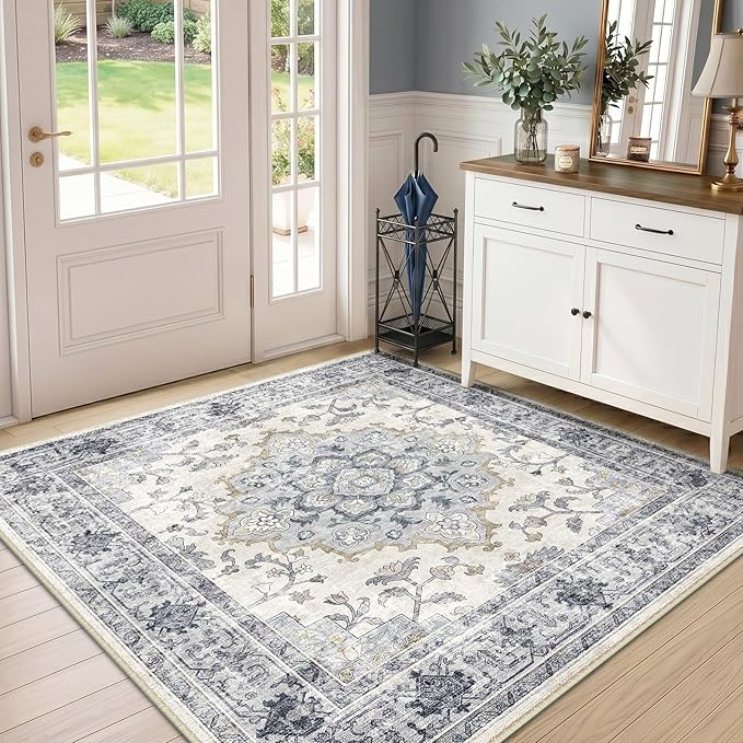 CAPALOCA Machine Washable Rugs Nursery Rug Sq4ft Cute Girl Non Slip Low Pile Water Repellent Soft Print Pattern for Bedroom Indoor Decor Kids Playroom Blue White