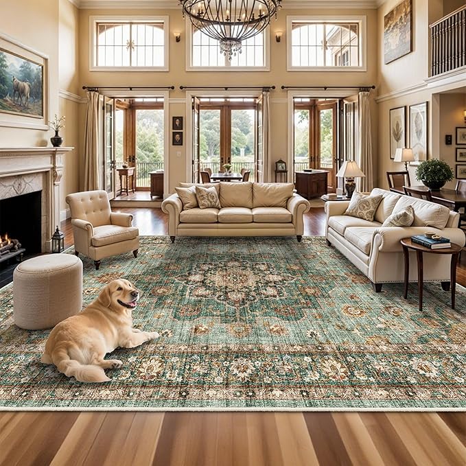 TOPRUUG Washable Oriental Area Rug - 12x18 Rugs for Living Room Soft Carpet for Bedroom Waterproof Floral Distressed Indoor Stain Resistant Non-Shedding Floor Carpets (Green, 12x18)