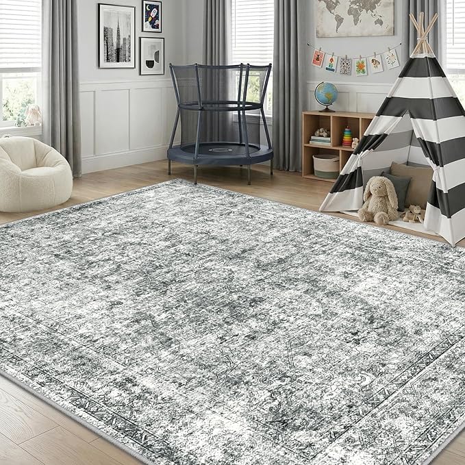 CAPALOCA Machine Washable Rugs Nursery Rug 8x10 Cute Girl Non Slip Low Pile Water Repellent Soft Print Pattern for Bedroom Indoor Decor Kids Playroom Grey
