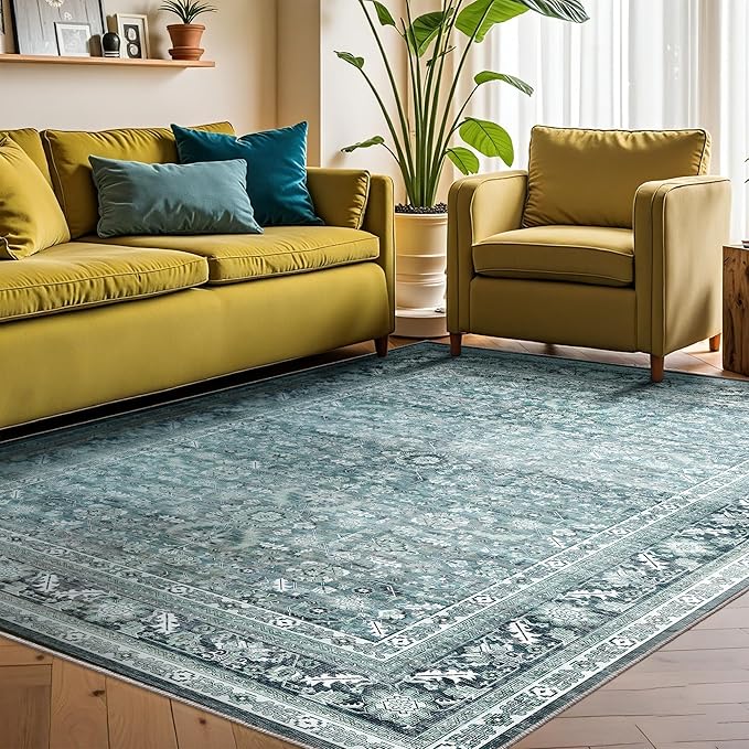 OPPODREAM Vintage Teal Area Rugs 10x14, 10 x 14 Retro Washable Rug Non Slip, Low-Pile Faux Wool Carpet, Distressed Floor Mat for Living Room, Bedroom, Office, Dorm, Dinning Room, Big & Large