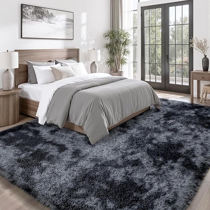 Area Rug for Living Room Bedroom: 9x12 Black Grey Soft Fluffy Shag Upgrade Non-Slip High Pile Carpet Large Fuzzy Plush Indoor Floor Decor Shaggy Rug for Kid Boys Girls Playroom Nursery Modern Home