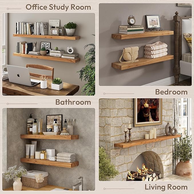Marsmiles 55 inch Floating Shelves for Wall Solid Elm Wood Wall Mounted Shelves|Rustic Long Floating Shelves with Invisible Bracket for Bathroom Living Room Kitchen|Natural, 1 Pack