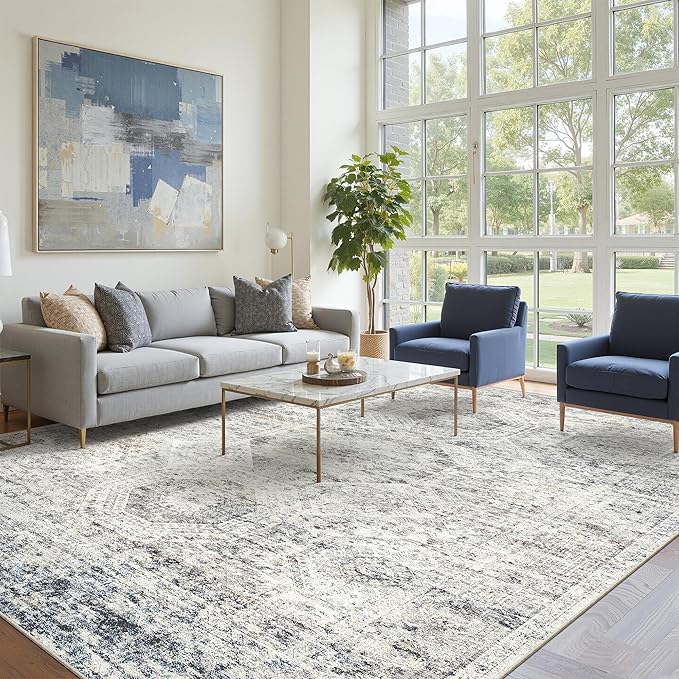 Soalmost 10x14 Area Rugs for Living Room, Non Slip Machine Washable Vintage Rugs, Low Pile Lightweight Large Rug for Bedroom, Dining Room, Home Office Blue Ivory