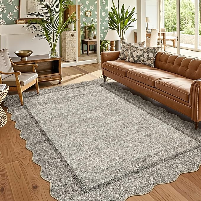 GarveeHome Scalloped Washable Rug 8x10 Rugs for Living Room Modern Bedroom Rug Large Area Rug Non Slip Throw Rugs Soft Low Pile Stain Resistant Carpet for Nursery Classroom Dining Room 8'x10' Brown