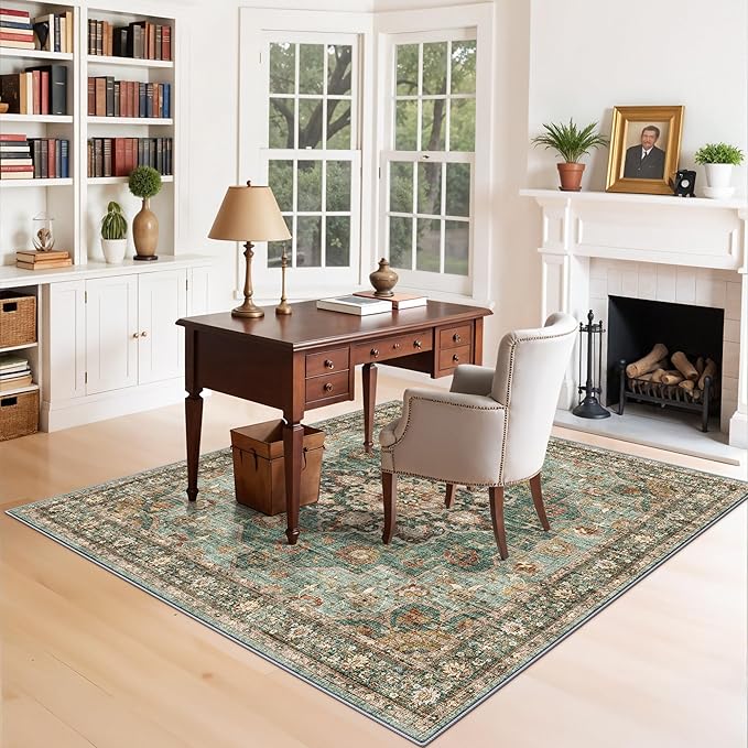 TOPRUUG Washable 5x5 Rug Square - Ultra Soft Living Room Area Rug Under Sofa Non-Slip Rugs for Bedroom Dining Room - Stain Resistant Farmhouse Decor for Family with Pets & Kids (Green, 5x5)