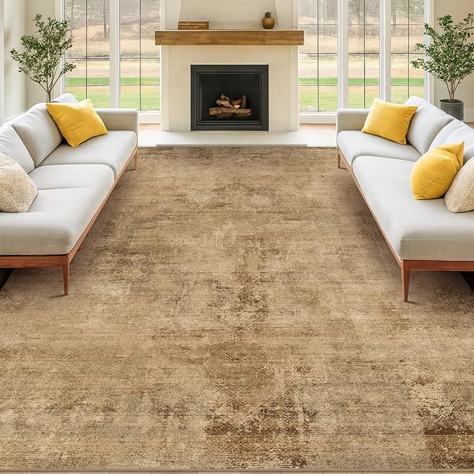 Hazo Haus Farmhouse 8x10 Rugs for Living Room - Brown and Gold Dining Room Area Rugs for Bedroom, Washable, Soft, Lightweight & Stain Resistance, Neutral Dark Vintage Medallion Decor