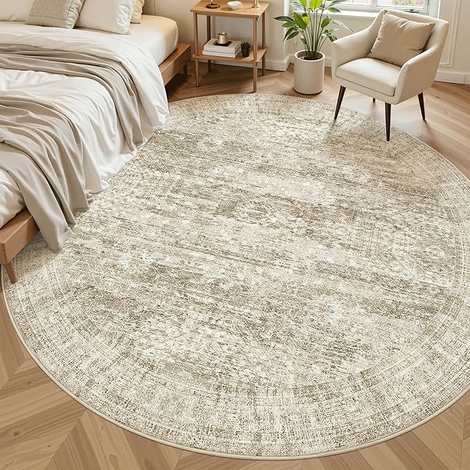 Soalmost 9x9 Brown Round Rug 9ft Living Room Circle Rug Vintage Round Area Rug Non Slip Indoor Carpet for Apartment