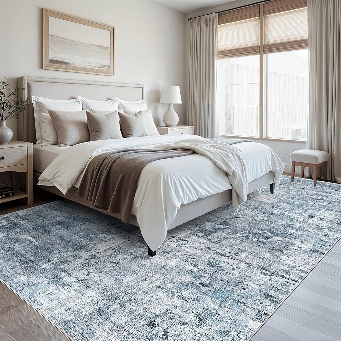 Soalmost Washable Area Rug 8x12, Large Soft Rugs for Living Room Vintage Blue/Grey Carpet 8x12 Area Rugs for Bedroom Dining Room Non-Slip Stain Resistant Under Table Rug