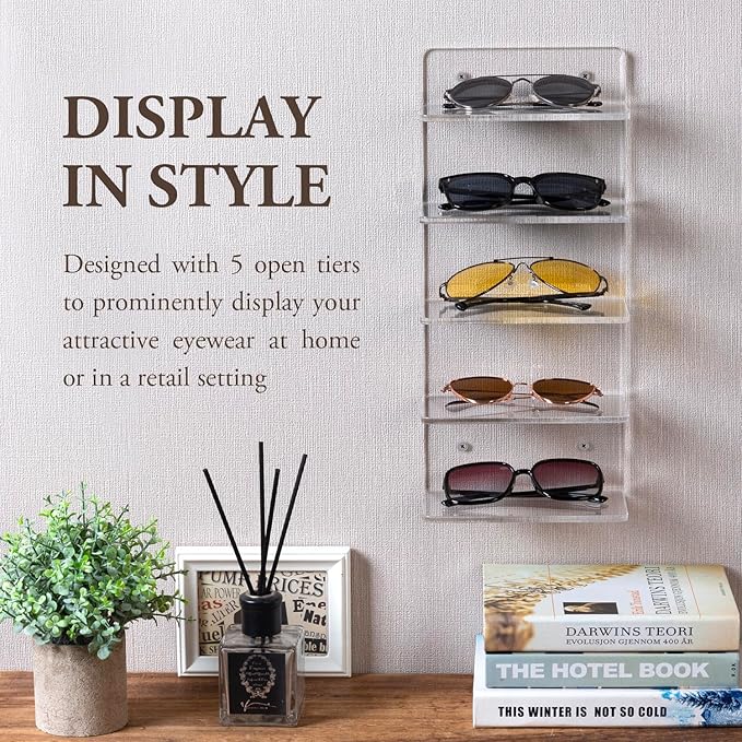 MyGift 5 Tier Premium Clear Acrylic Sunglasses Holder Rack, Wall Mounted Eye Glasses Shelf or Tabletop Display Stand, Retail Eyewear Showcase Storage Organizer