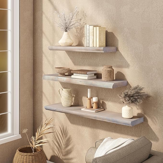 Live Edge Floating Shelves Set of 2, 24 Inch Solid Elm Wood Wall Shelves - Invisible Bracket Mount for Living Room, Bedroom, Kitchen, Bathroom | Weathered Gray