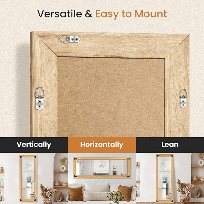 TRAHOME Full Length Mirror with Wooden Frame, 65"X24" Solid Wood Standing Floor Mirror for Farmhouse, Bathroom, Bedroom, Hanging or Leaning Wall-Mounted(Natural)