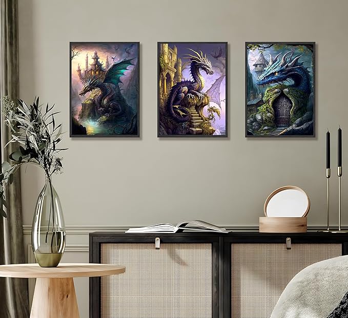 FJKLRP 3pcs Fantasy Dragon Wall Art Castle & Mythical Dragon Design Canvas Prints poster Fantasy Wall Decor with Fantasy Themed Wall Decor for Bedroom Gaming Room Living Room Decoration Unframed