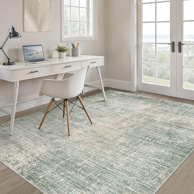 4x6 Rug Washable Area Rugs: Neutral Abstract Soft Modern Stain Resistant Small Indoor Floor Non-Slip Low Pile Throw Carpet for Entryway Kitchen Bedroom Nursery Kids Office Playroom Home House- Green