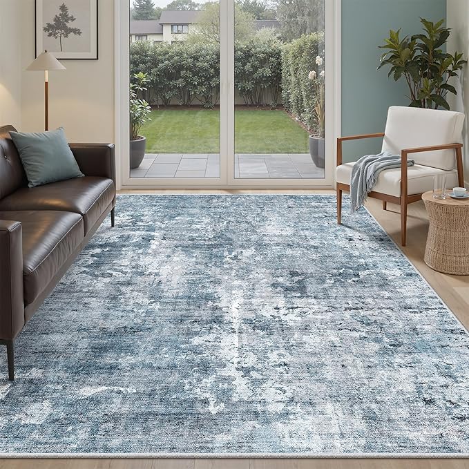 Soalmost 5x8 Area Rugs Blue/Grey Low Pile Indoor Washable Trendy Faded Style Rugs for Bedroom Living Room Dining Room Foldable Non-Slip Thin Print Home Office Mat