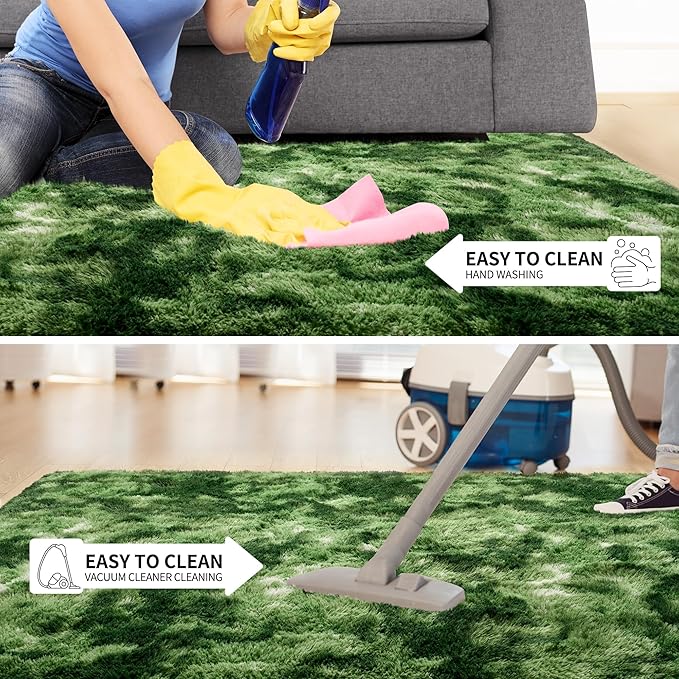 Tepook Fluffy Large Rugs for Living Room, 8x10 Area Rugs for Bedroom, Modern Shag Fuzzy Carpets for Kids Boys Girls, Plush Indoor Nursery Home Decor Rug with Non-Slip Bottom, Tie-Dyed Dark Green
