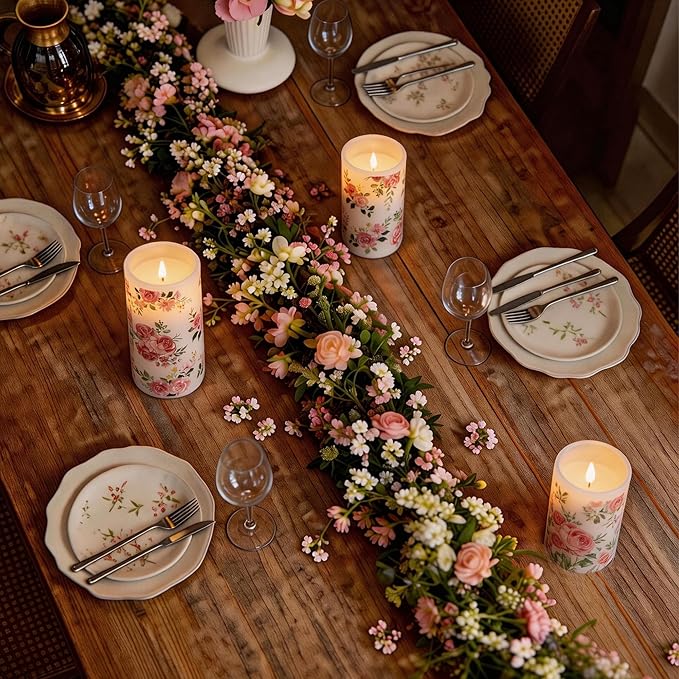 LUSHARBOR Flameless Candles with Remote, Battery Operated Candles Real Wax Pink Rose Flickering LED Candles Floral Christmas Decor Electric Pillar Candles Set of 3