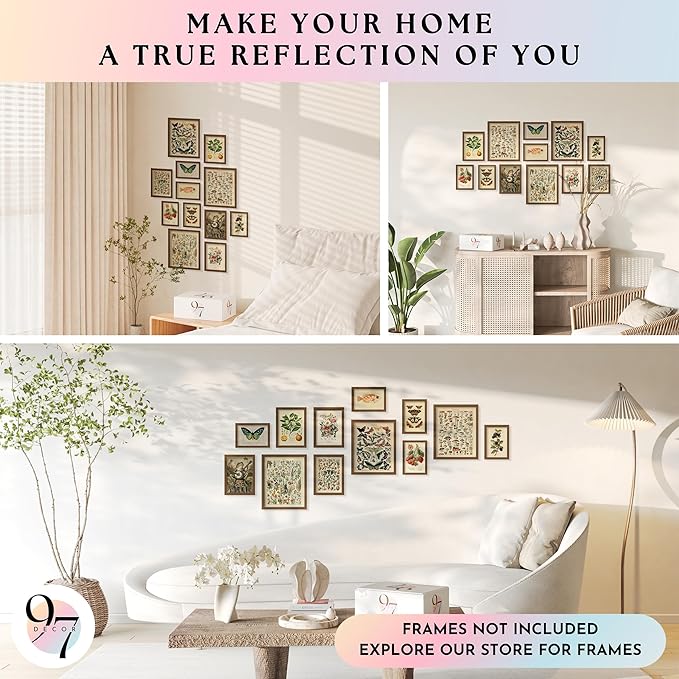 97 Decor 12 Pcs Cottagecore Wall Art Set - Vintage Posters For Room Aesthetic, Botanical Gallery Wall Prints For Bedroom, Cottage Core Room Decor For Home, Dorm, Living Room (Unframed)