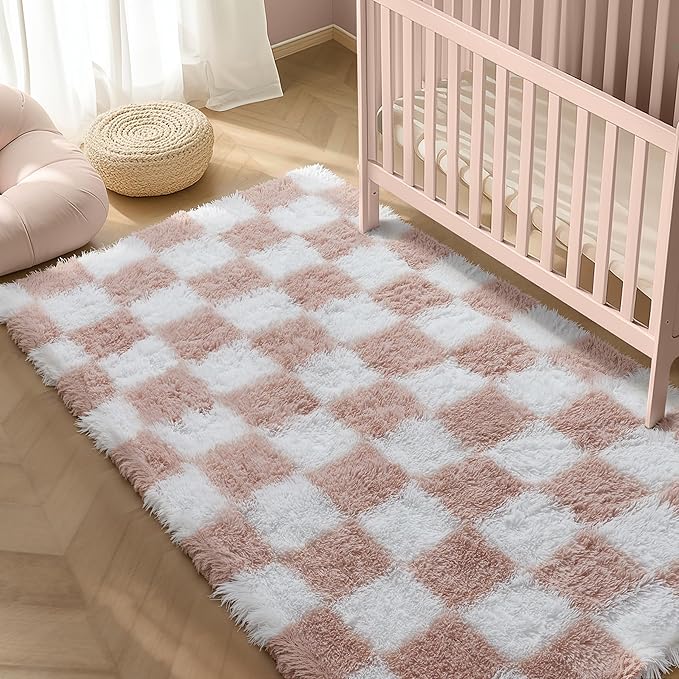 PureCozy Checkered Rug 4x6 for Living Room, Pink and White Modern Shag Rug Super Soft Washable Fluffy Rugs Indoor Office Fuzzy Carpet for Bedroom Home Dorm Aesthetic Decor