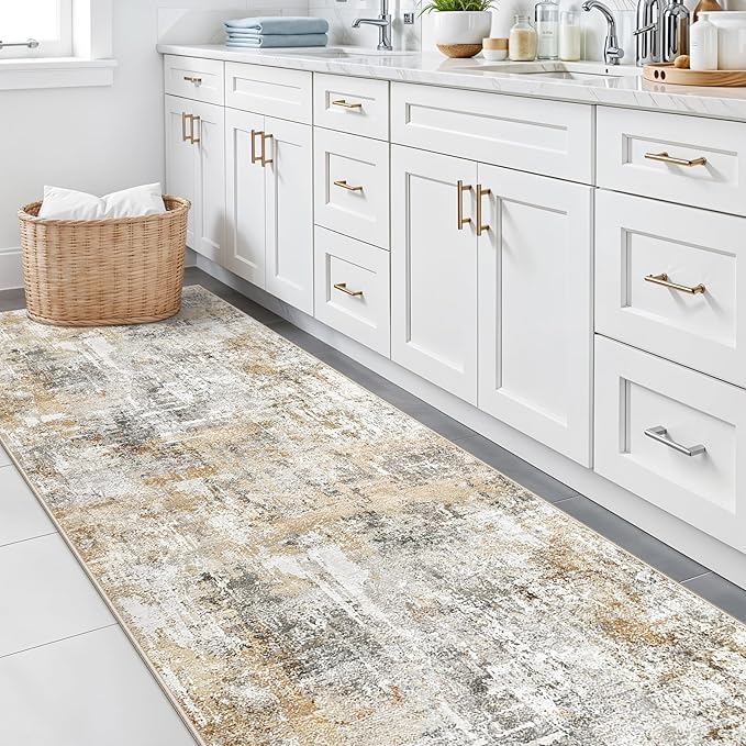 3x15 Ft Long Hallway Runner Rug - Non-Slip Washable Kitchen Runner Rug with Rubber Backing | Modern Abstract Wide Floor Carpet Runner for Indoor Entryway, Bedroom, Living Room (Gold Grey)