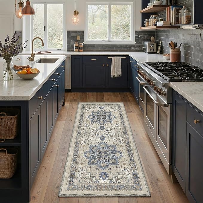 GENIMO 2'6"x8 Runner Rugs for Hallway, Machine Washable Non Slip Vintage Rugs, Low Pile Lightweight Soft Print Carpet for enrtyway, Corridor, Home Office, Kitchen, Blue Cream