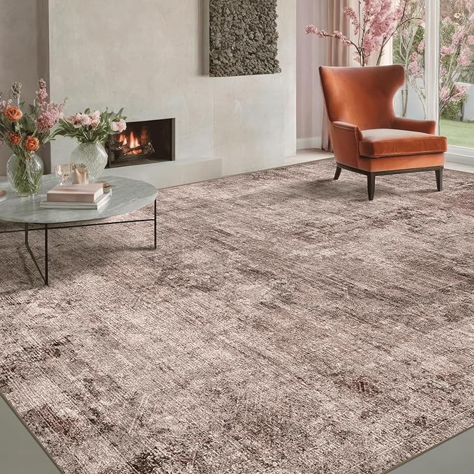Hazo Haus Brown Living Room Rug 8x10 - Retro Washable Rug for Dining Room, Fireplace, Bedroom, Non Slip Low Pile Abstract Warm Tan and Terracotta