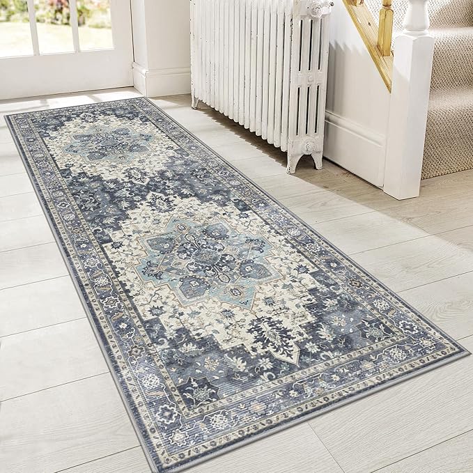 GENIMO 2'6"x6 Runner Rugs for Hallway, Machine Washable Non Slip Vintage Rugs, Low Pile Lightweight Soft Print Rug for enrtyway, Corridor, Home Office, Kitchen, Center Blue