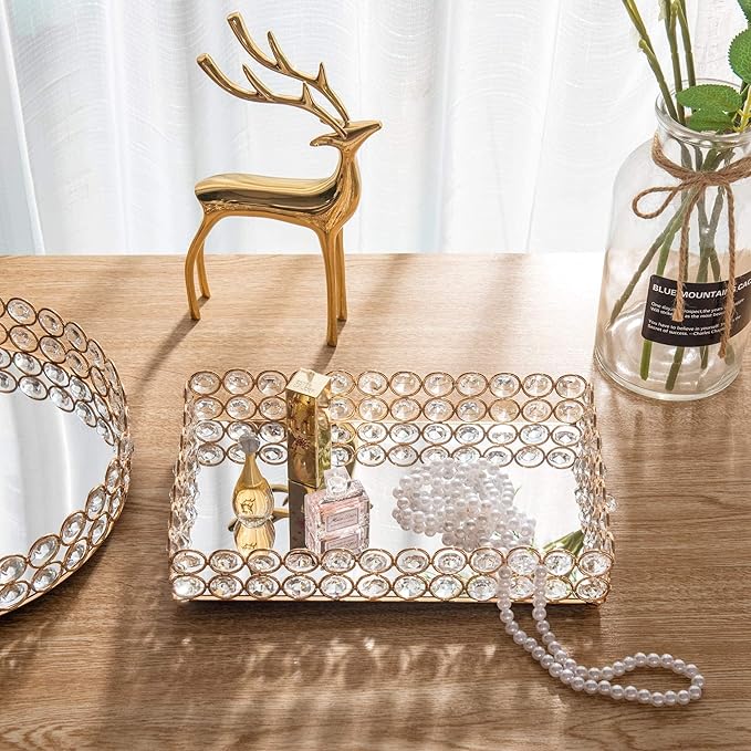 Feyarl 10 Inch Crystal Cosmetic Perfume Tray Vanity Makeup Jewelry Trinket Organizer Mirrored Decorative Tray Storage for Coffee Table Home Deco Wedding Dresser Birthday Gift (Gold)