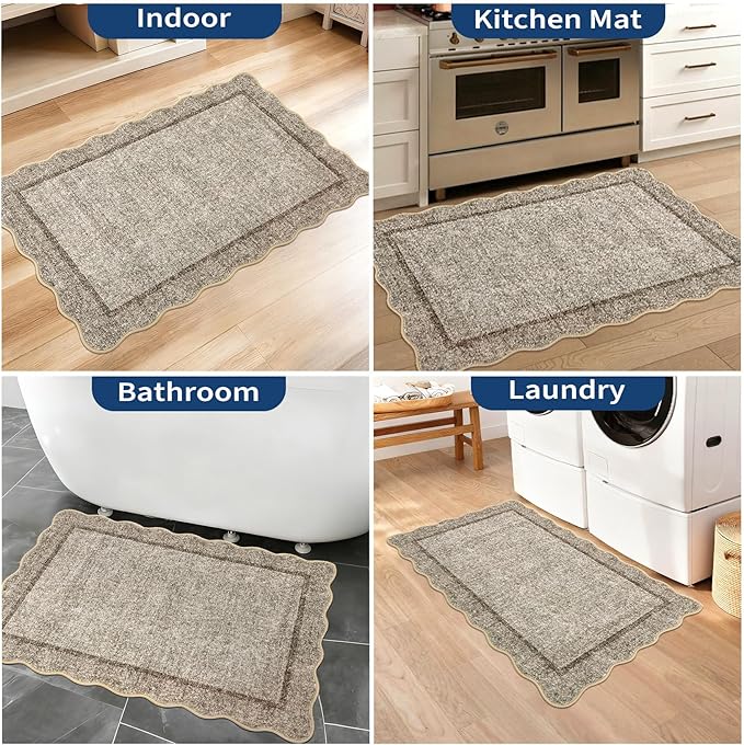 GarveeHome Small Area Rug 2x3 Modern Scalloped Entry Rug Solid Color Kitchen Rugs Washable Bedroom Doormat Non Slip Stain Resistant Bordered Throw Carpet for Living Room Nursery Laundry, Brown