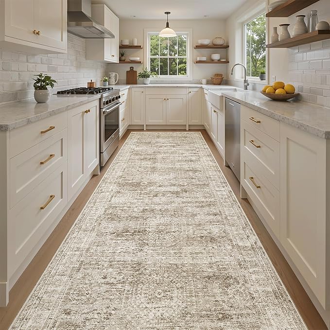Soalmost 4x12 Wide Hallway Runners: Washable 12ft Runner Rug for Entryway Living Room Soft Vintage Non Slip Carpet Runner for Kitchen Dining Room Nursery Bedroom (Brown, 4x12ft)