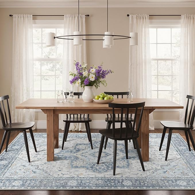 GENIMO 3x5 Area Rugs for Living Room, Machine Washable Non Slip Vintage Rugs, Low Pile Lightweight Chenille Print Rug for Bedroom, Dining Room, Home Office, Light Blue
