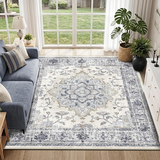 CAPALOCA Machine Washable Rugs Nursery Rug 6x9 Cute Girl Non Slip Low Pile Water Repellent Soft Print Pattern for Bedroom Indoor Decor Kids Playroom Bluewhite