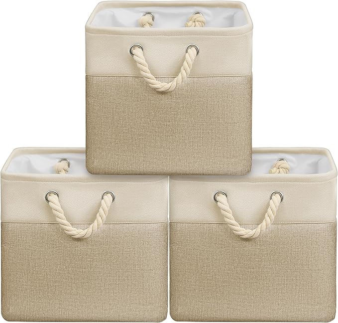 Simple Houseware Fabric Storage Cubes, 13" x 13" Storage Bin, 3 Pack, Beige