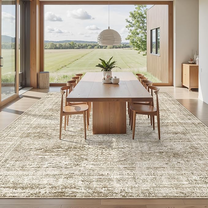 Soalmost Washable Area Rug 8x10, Large Soft Rugs for Living Room Vintage Area Rugs for Bedroom Dining Room Non-Slip Stain Resistant Brown Under Table Rug