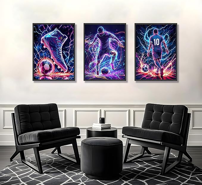 FJKLRP 3pcs Neon Lightning Soccer Canvas Wall Art Football Wall Decor with 10 Number Player Paintings posters Trendy Sports Artwork for Bedroom Living Room Fan Cave Game Room decor Unframed