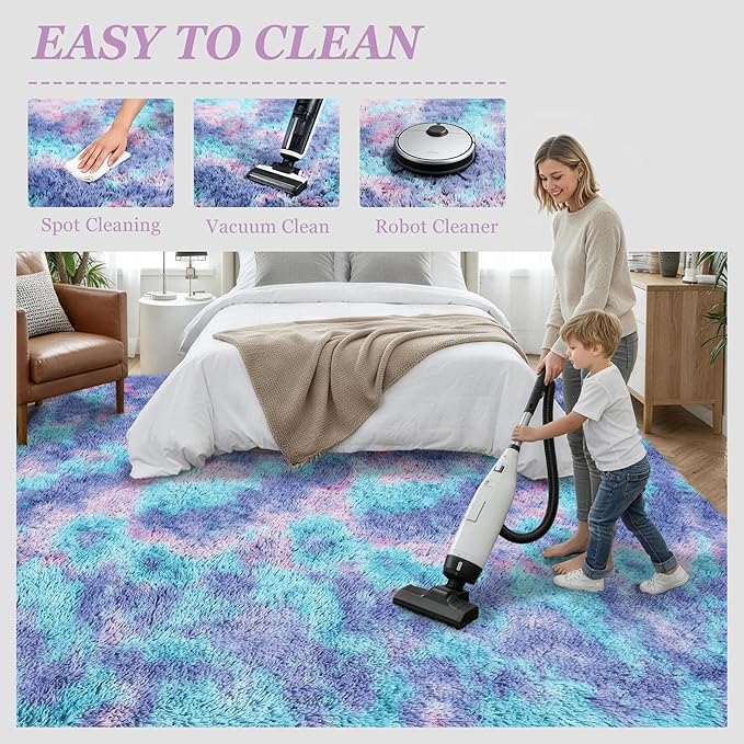 8x10 Area Rugs for Living Room Bedroom: Ultra Soft Fluffy Shag Rug Upgrade Non-Slip Non-Shedding Large Fuzzy Plush Carpet Indoor Floor Carpets for Kids Room Playroom Nursery Dorms Home Rainbow Purple