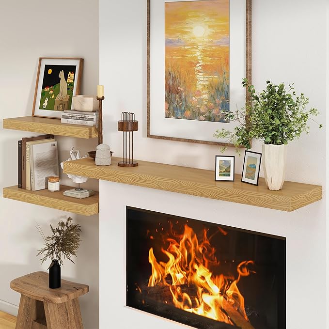 FLYJOE 12 Inch Deep Floating Shelves | 55 Inch Oak Floating Shelves | 55" W x 12" D Rustic Wood Shelves for Wall | Deep Oak Shelves for Living Room Bathroom Laundry Room Kitchen