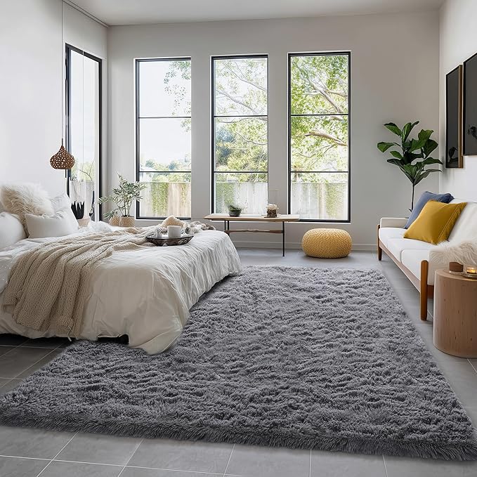 Amdrebio Grey Modern Fluffy Living Room Rugs,5x8 Rug,Furry Area Rug for Bedroom,Shaggy Indoor Rug for Kids Room,Plush Fuzzy Rug for Living Room Decor,Soft Farmhouse Carpet for Home Office Playroom