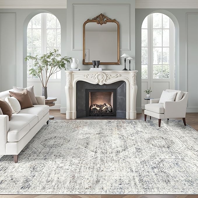 Soalmost Washable Area Rug 8x10, Large Soft Rugs for Living Room Vintage 8x10 Area Rugs for Bedroom Dining Room Non-Slip Stain Resistant Under Table Blue Ivory Rug