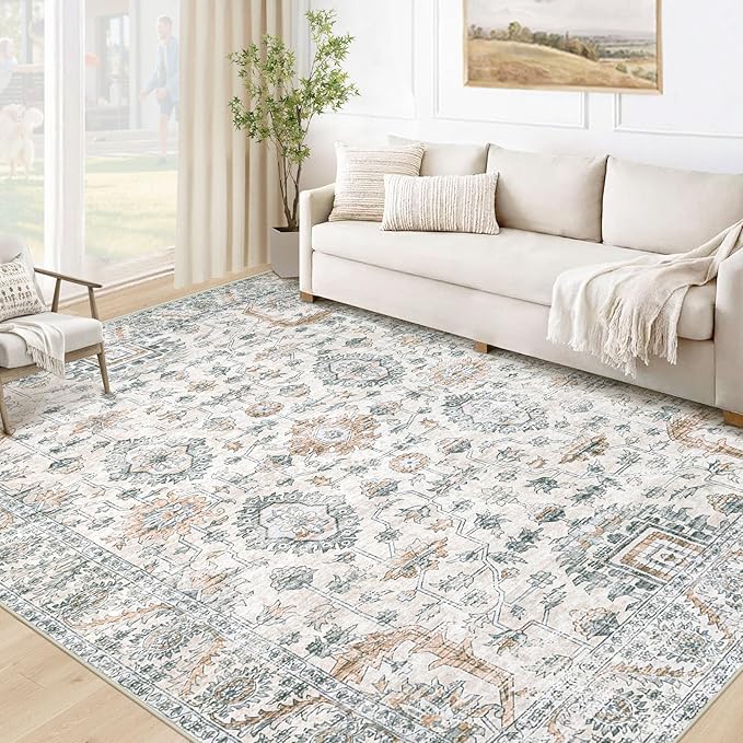 XLUEZ Area Rug 5x7 Living Room Rug, Machine Washable Vintage Distressed Boho Area Rug Non-Slip Soft Low Pile Large Indoor Rugs for Bedroom Kitchen Dining Room Office(Brown Green,5'x7')