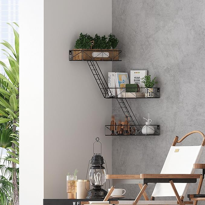 Fire Escape Shelf - 3 Tier Black Fire Escape Wall Shelves with Basket Wall Organizer, New York Metal Decorative Shelves, DIY Floating Action Figurine Display Shelf for Bedroom