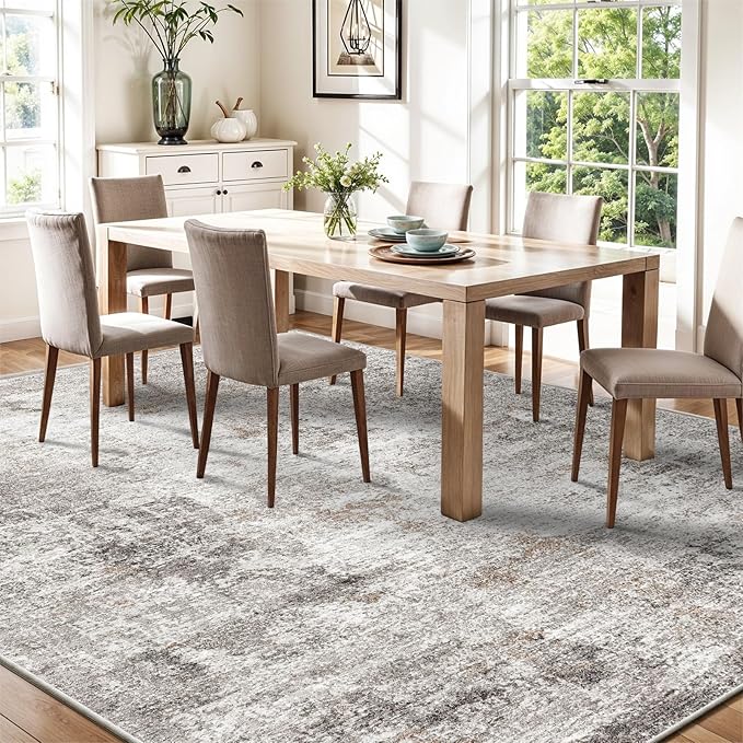 8x10 Washable Living Room Rug – Modern Neutral Abstract Soft Large Area Rug for Bedroom Dining Room Home Office Kitchen - Non-Slip Low Pile Thin Stain-Resistant Carpet (Beige,Grey)