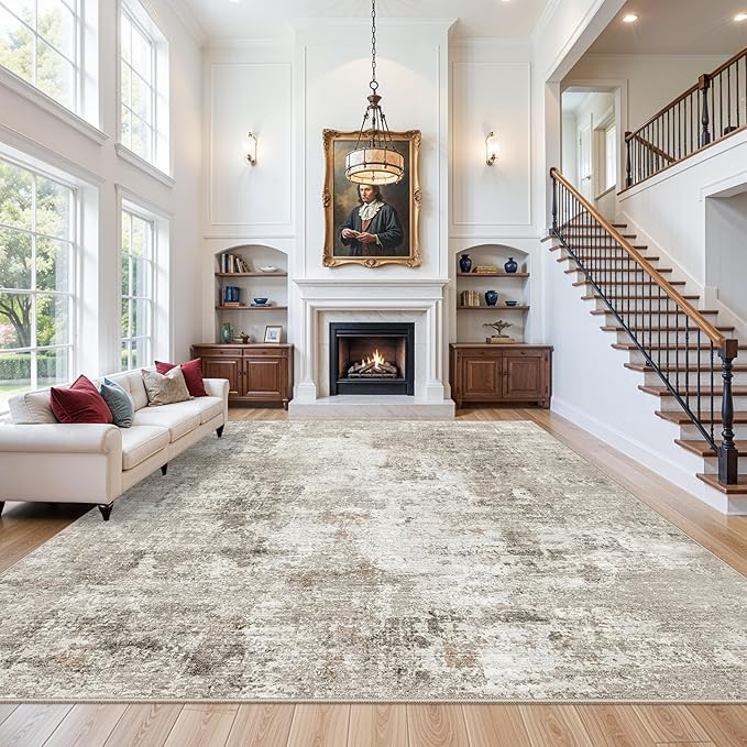 12x14 Area Rug for Living Room – Washable Non-Slip Soft Extra Large Carpet for Bedroom Dining Room Family Room, Modern Neutral Abstract Low Pile Thin Indoor Big Rug （Beige Grey）