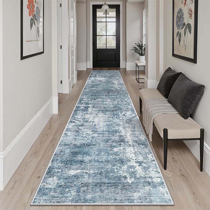 Soalmost Runner Rug 2x12 Washable Non-Slip Hallway Runner Rugs for Kitchen Bathroom Laundry Room Blue/Grey Vintage Floor Carpet Runners for Hallways Entryway