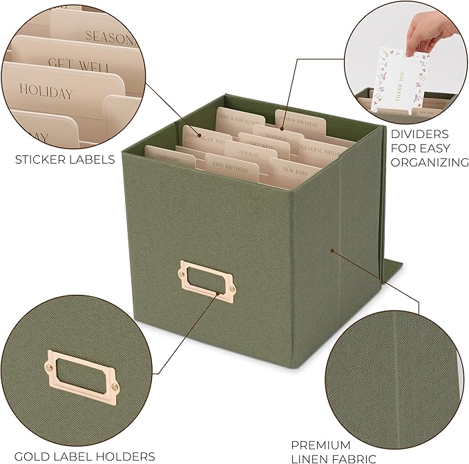 ZICOTO Beautiful Greeting Card Organizer Box With Dividers - Sturdy Linen Storage Box Easily Organizes All Your Greeting Cards in Style - Cute Card Holder Safely Stores Up to 300 Small Or Large Cards