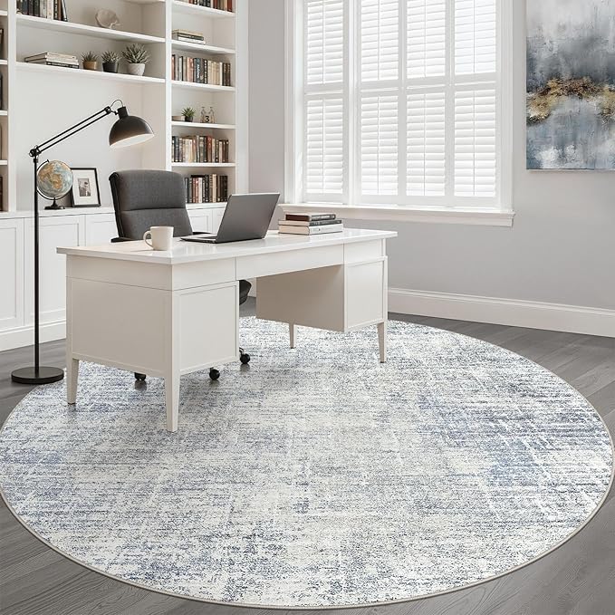 7ft Round Rug Living Room: 7x7 Washable Large Neutral Blue Circle Area Rug Abstract Soft Modern Stain Resistant Indoor Floor Non-Slip Carpet for Bedroom Nursery Kids Office Playroom Dining Room