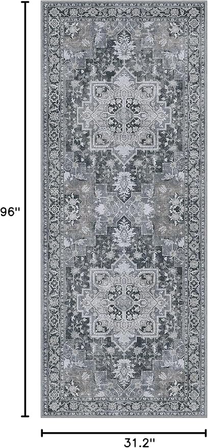 GENIMO 2'6''x8 Runner Rugs for Hallway, Machine Washable Non Slip Vintage Rugs, Low Pile Lightweight Soft Print Rug for enrtyway, Corridor, Home Office, Kitchen,Dark Gray